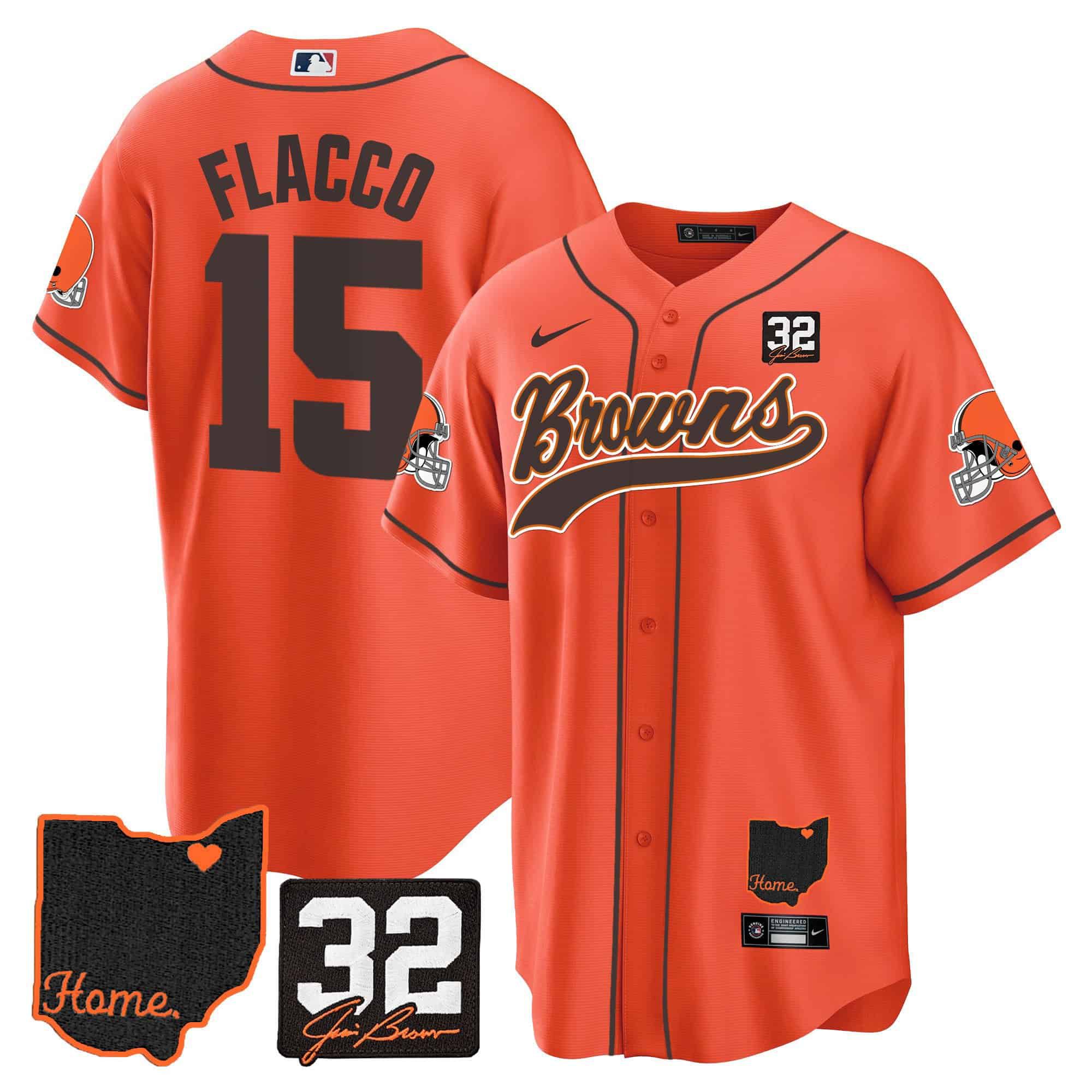 Men Cleveland Browns #15 Flacco Orange Memorial Home Patch Baseball 2024 Nike NFL Jersey